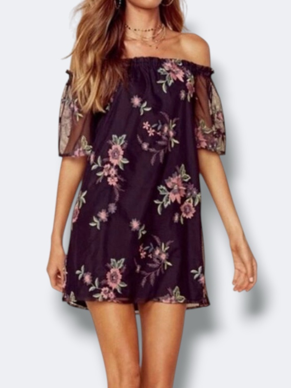 BB Dakota Dress Women XS Black Floral Embroidered Off Shoulder Mesh Mini
